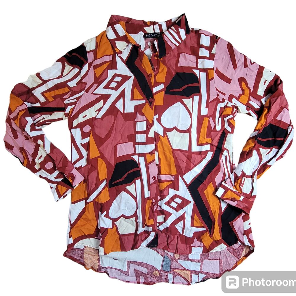 Big Dart Women's Abstract Long Sleeve Button-Down Shirt Multi-Color Size 8